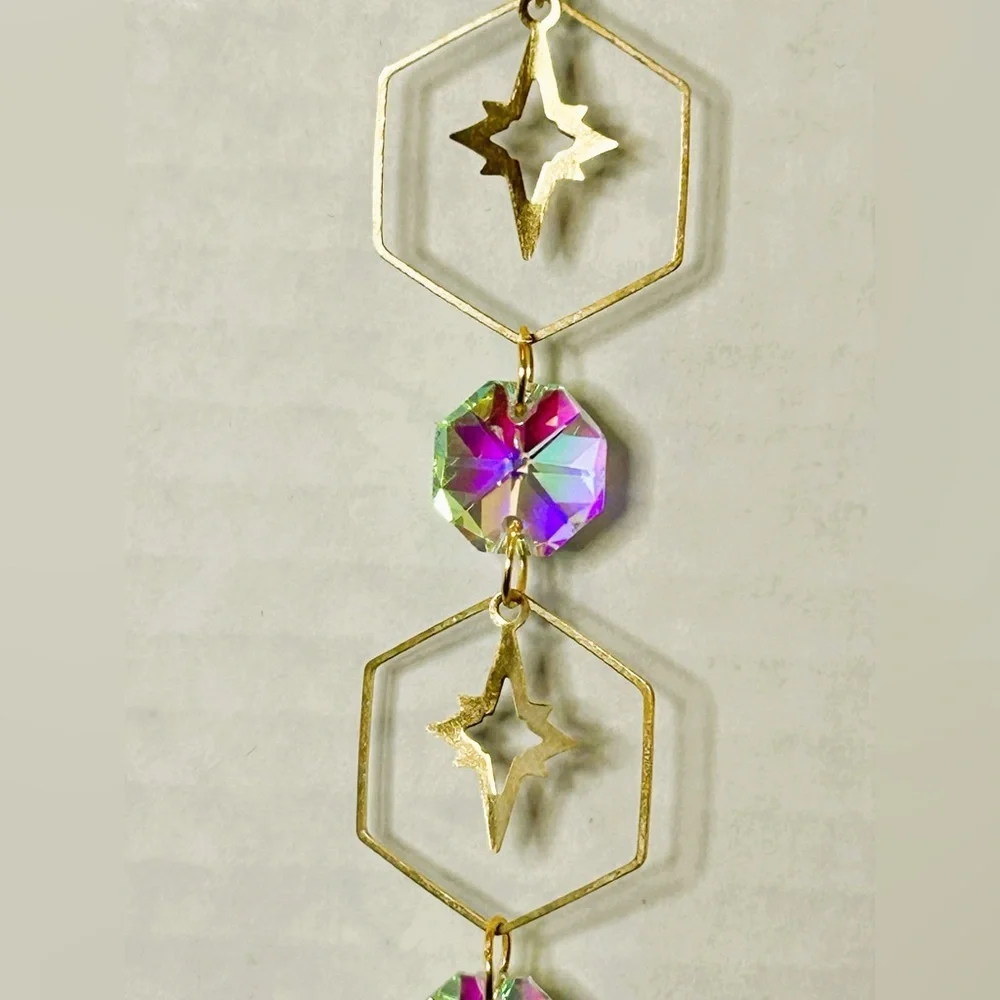 Hanging Gold Crystal Suncatcher Colorful Prism Pendant 17.5in